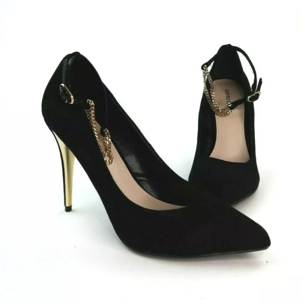 Express Black Velvet Gold Chain Heels size 9